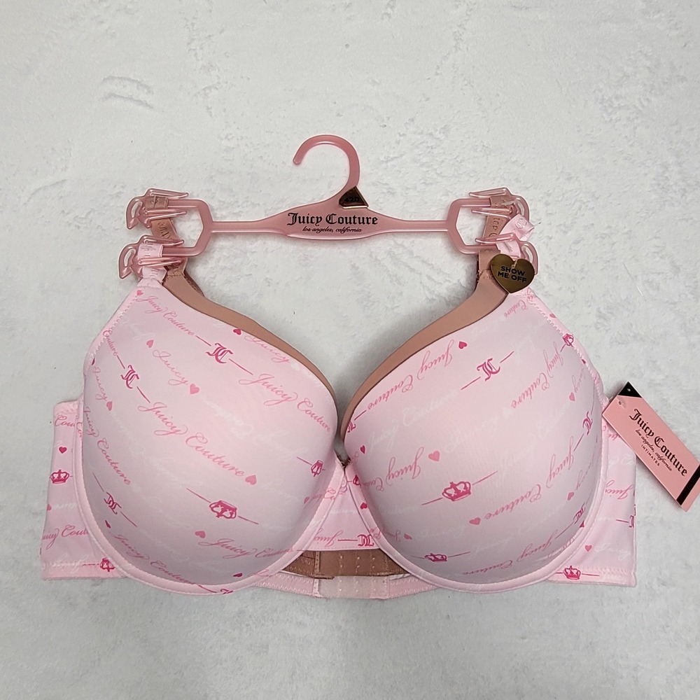 Juicy Couture Pink 42D Bra Lot Pair Set Princess Crown Tiara Hearts Monogram NWT